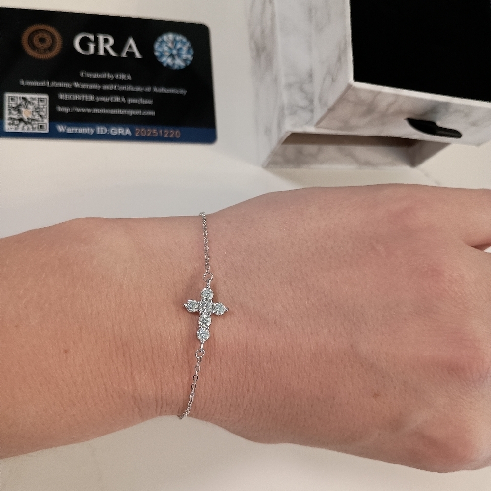 Moissanite Cross Bracelet Sterling Silver GRA Certificate And Gift Box - Picture 3 of 6